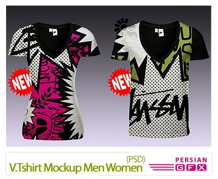 دانلود پیش نمایش تی شیرت زنانه و مردانه - V.Tshirt Mockup Men Women