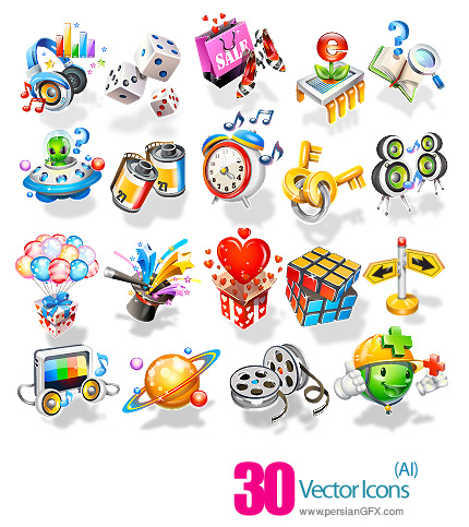 کلکسیون آیکون های متنوع بامزه - 30 Vector Icons