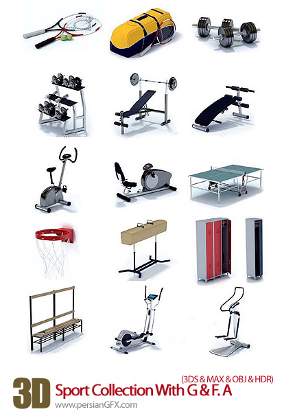دانلود فایل آماده سه بعدی، وسایل ورزشی  - 3D Models Sport Collection With Gym and Fitness Accessories 
