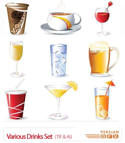 دانلود تصاویر وکتور مجموعه نوشیدنی های مختلف - Various Drinks Set