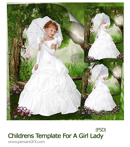 دانلود تصاویر لایه باز قالب آماده لباس سفید و چتر برای دختر - Childrens Template For A Girl Lady In White With An Umbrella On A Walk