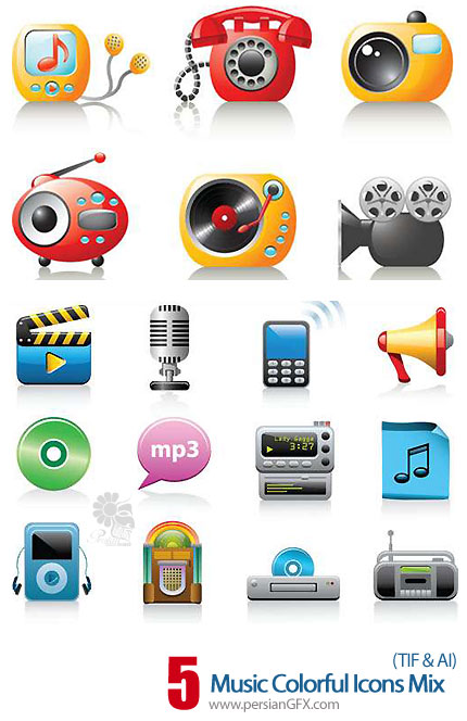 دانلود آیکون های متنوع موسیقی رنگارنگ - Music Colorful Icons Mix 