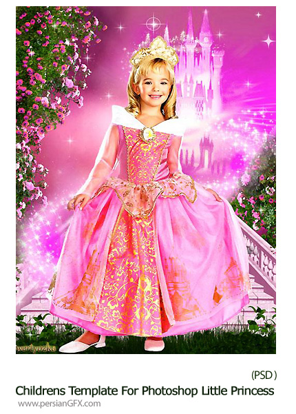 دانلود تصاویر لایه باز شاهزاده در قلعه گل رز برای کودکان - Childrens Template For Photoshop Little Princess At The Castle With Roses