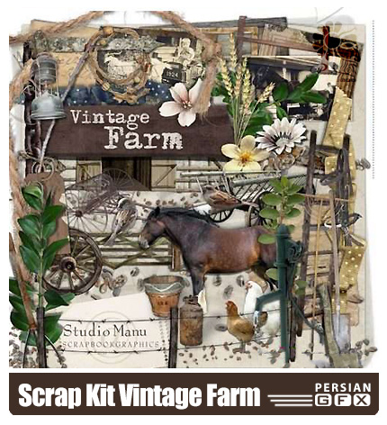 دانلود کلیپ آرت فریم، عناصر طراحی، گل، اسب - Scrap Kit Vintage Farm