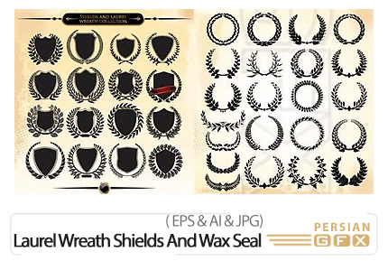 دانلود تصاویر وکتور تاج و حلقه های گل تزئینی - Set Of Laurel Wreath Shields And Wax Seal