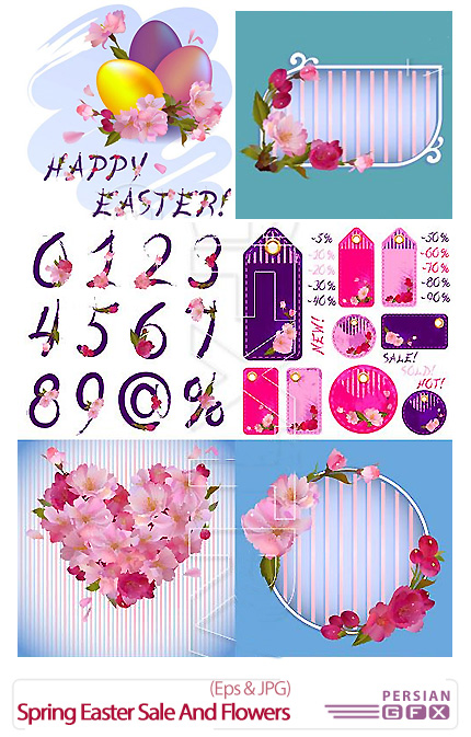 دانلود تصاویر وکتور گل های بهاری عید - Vector Stock Spring Easter Sale And Flowers