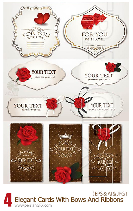 دانلود تصاویر وکتور کارت فریم فانتزی با روبان - Elegant Cards With Bows And Ribbons