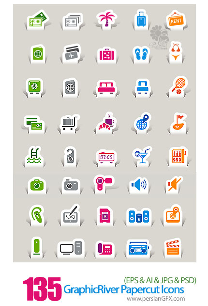 دانلود تصاویر آیکون های برچسب متنوع از گرافیک ریور - GraphicRiver Papercut Icons