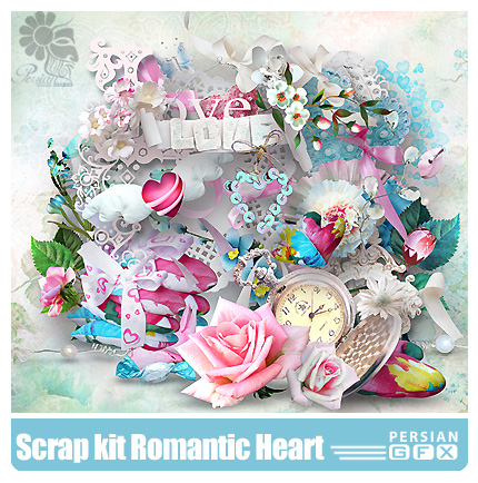 دانلود کلیپ آرت رومانتیک، عناصر طراحی، قلب، گل، روبان - Scrap kit Romantic Heart