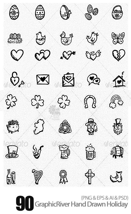 دانلود تصاویر آیکون های نقاشی شده دستی تعطیلات از گرافیک ریور - GraphicRiver 90 Hand Drawn Holiday Icons