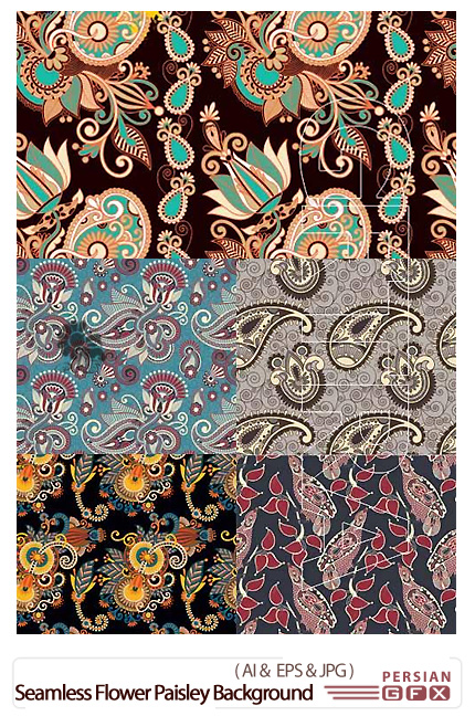 دانلود تصاویر وکتور پس زمینه های گل و بته و جقه - Seamless Flower Paisley Background