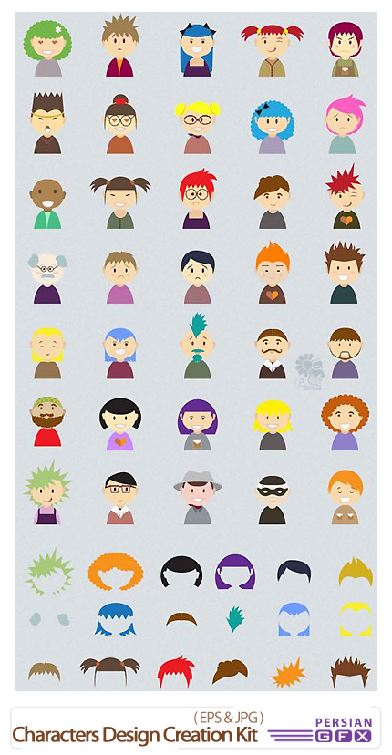 دانلود تصاویر وکتور طراحی شخصیت های کارتونی متنوع - Designtnt Characters Design Creation Kit