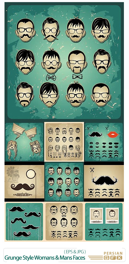 دانلود تصاویر وکتور سبک چهره زنان و مردان - Grunge Style Womans & Mans Faces Vector