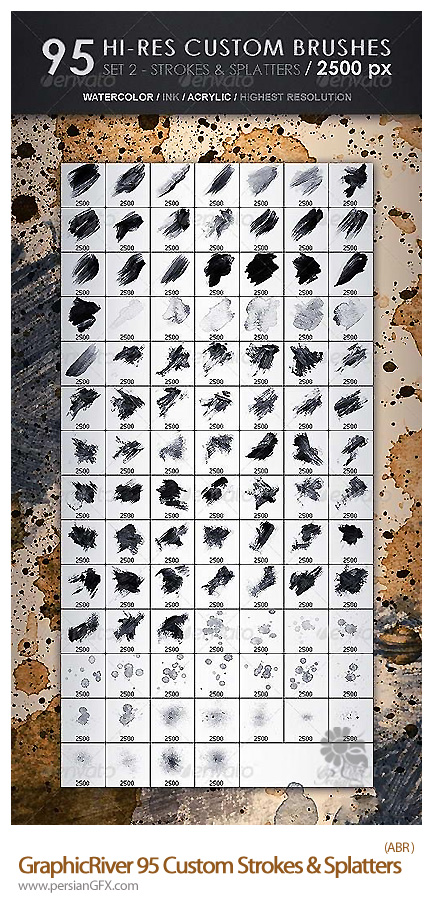 دانلود براش لکه و حرکات نامنظم قلم از گرافیک ریور - GraphicRiver 95 Hi-Res Custom Brushes Strokes & Splatters