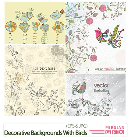دانلود تصاویر وکتور پس زمینه های فانتزی به پرندگان - Decorative Backgrounds With Birds