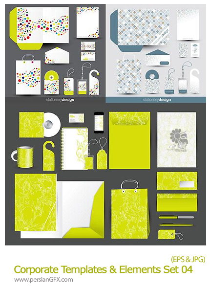 دانلود تصاویر ست اداری فانتزی، سربرگ، کارت ویزت، خودکار، پاکت نامه، بروشور - Corporate Templates And Elements Vector Set 04