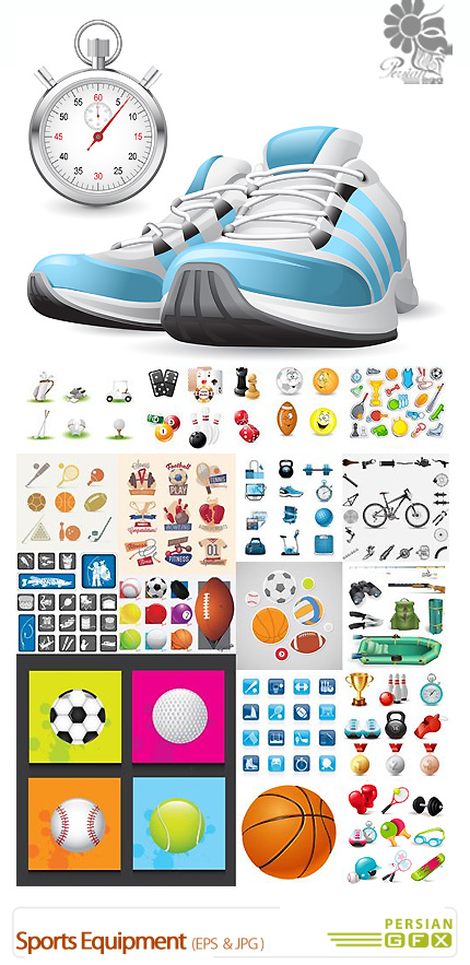 دانلود تصاویروکتور تجهیزات ورزشی، توپ، زمین بازی، تور، کرونومتر - Sports Equipment