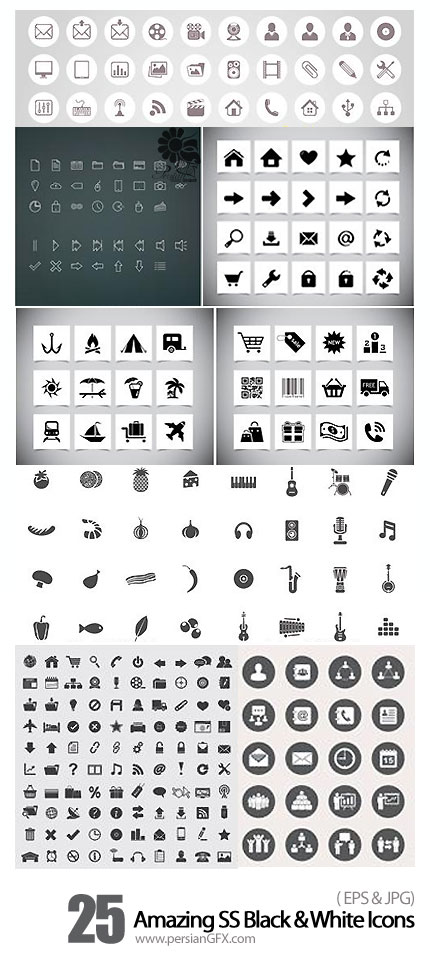 دانلود تصاویر وکتور آیکون های متنوع سیاه و سفید از شاتر استوک - Amazing ShutterStock Black & White Icons