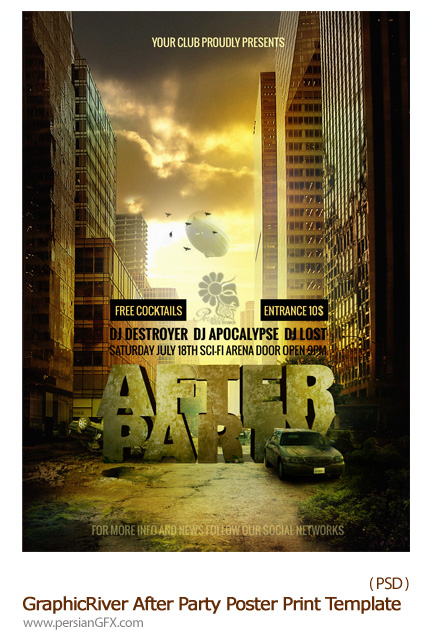 دانلود تصاویر لایه باز پوستر فیلم شهر خرابه از گرافیک ریور - GraphicRiver After Party Poster Print Template