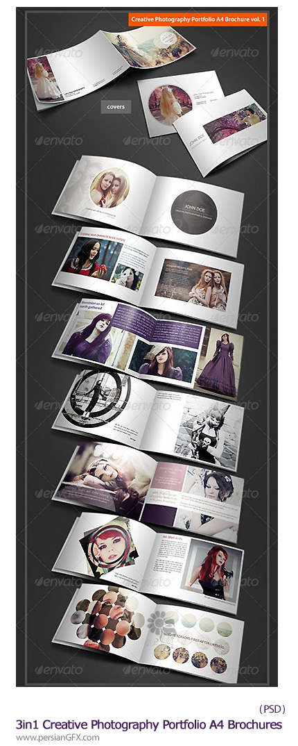 دانلود تصاویر لایه باز قالب های آماده بروشور عکاسی از گرافیک ریور - GraphicRiver 3in1 Creative Photography Portfolio A4 Brochures