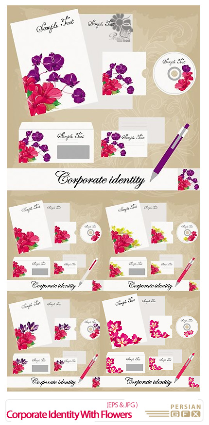 دانلود تصاویر وکتور ست اداری، سربرگ، کارت ویزیت، پاکت نامه گلدار - Corporate Identity Templates With Flowers Vector