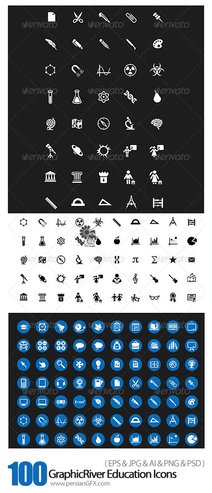 دانلود تصاویر وکتور و لایه باز آیکون های آموزشی از گرافیک ریور - GraphicRiver 100 Education Icons