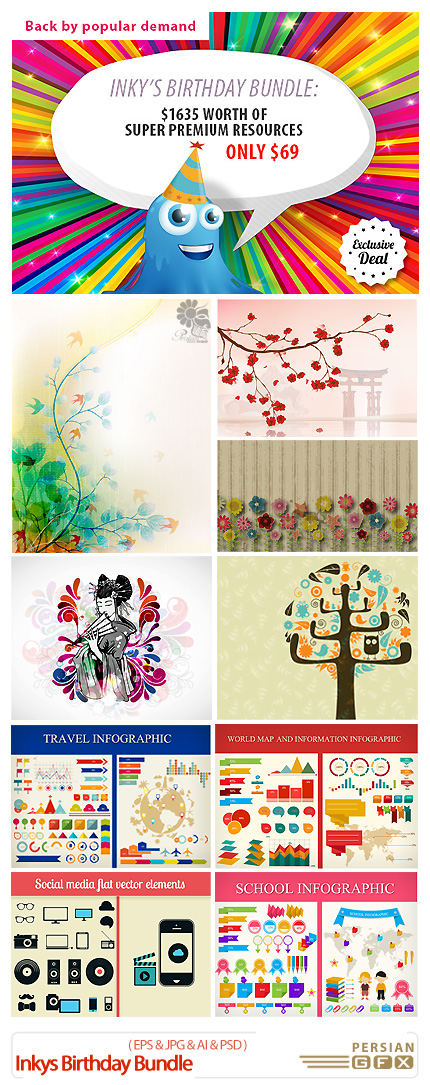 دانلود مجموعه بزرگ تصاویر متنوع وکتور و لایه باز - Inkys Birthday Bundle