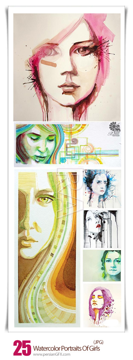 دانلود تصاویر با کیفیت نقاشی آبرنگ پرتره دختران - Watercolor Portraits Of Girls