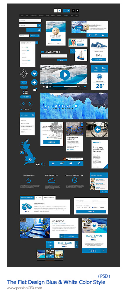 دانلود عناصر طراحی تخت وب سفید و آبی - PSD Web Design The Flat Design UI Pack Blue & White Color Style