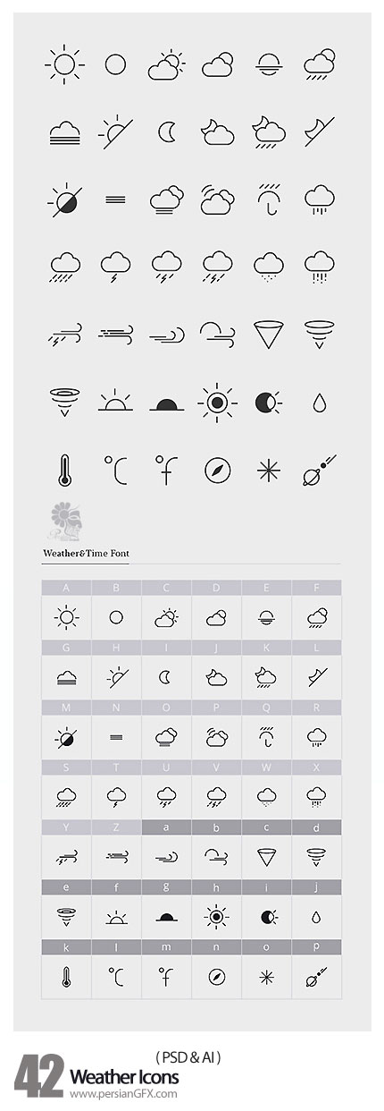 دانلود تصاویر لایه باز و وکتور آیکون های آب و هوا - PSD & AI Web Icons 42 Weather Icons
