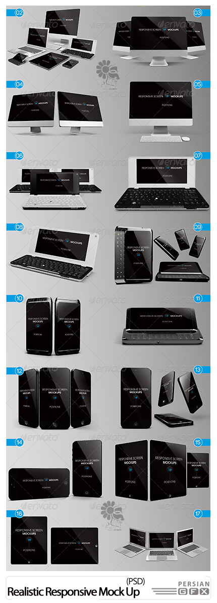 دانلود قالب پیش نمایش موبایل، لپ تاپ و کامپیوتر از گرافیک ریور - GraphicRiver Realistic Responsive MockUp