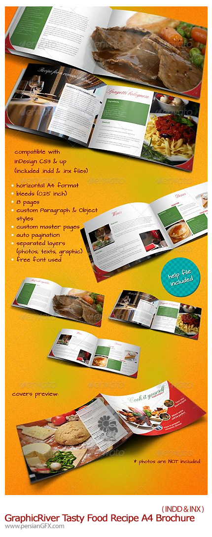 دانلود قالب آماده ایندیزاین بروشور دستور پخت غذا از گرافیک ریور - GraphicRiver Tasty Food Recipe A4 Horizontal Brochure