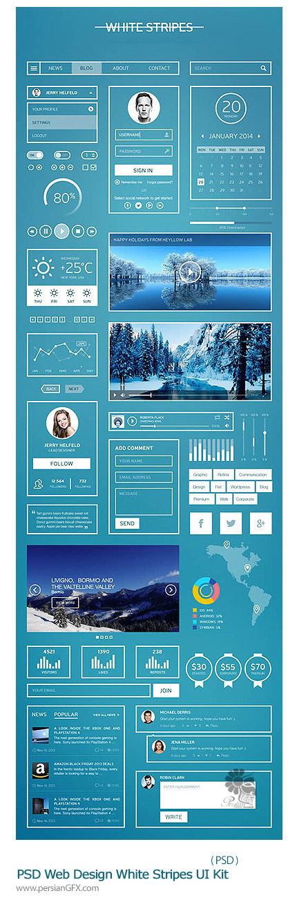 دانلود عناصر طراحی با خطوط سفید - PSD Web Design White Stripes UI Kit