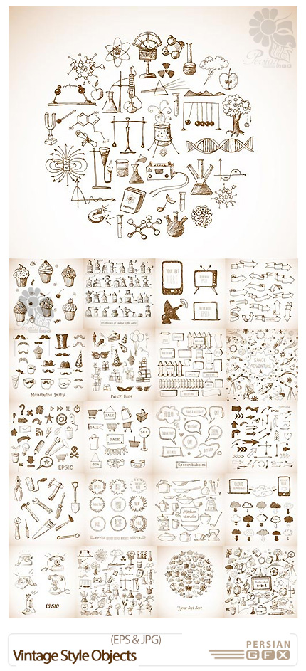 دانلود تصاویر وکتور اشیاء و ابزار متنوع قدیمی - Vintage Style Objects