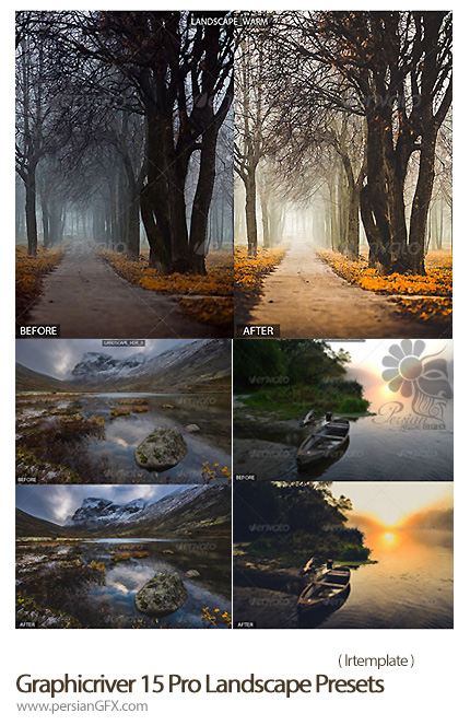 دانلود اکشن ایجاد افکت نورانی بر روی تصاویر از گرافیک ریور - Graphicriver 15 Pro Landscape Presets