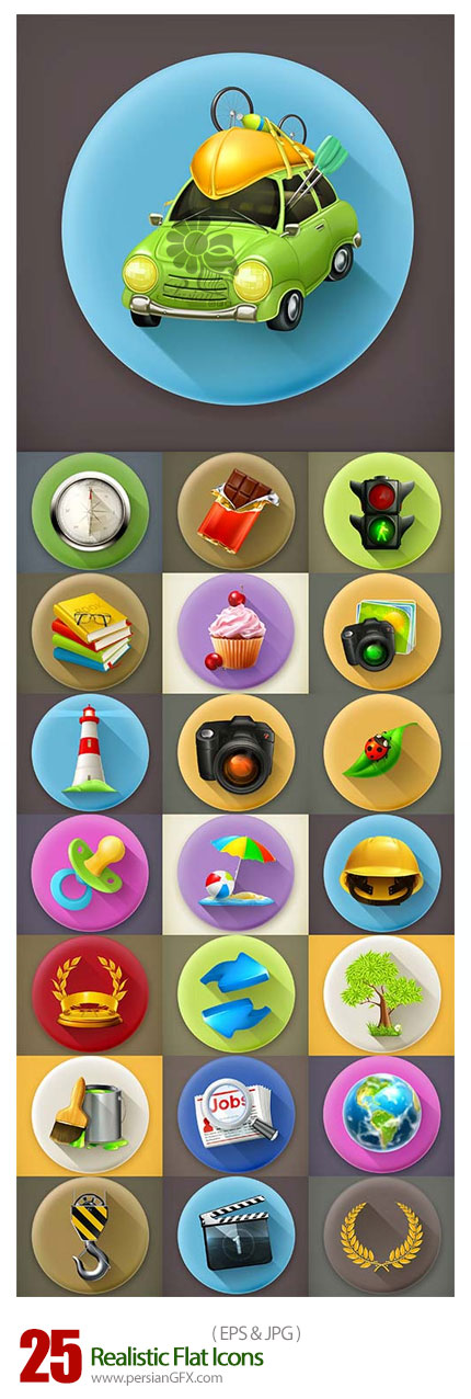 دانلود تصاویر وکتور آیکون های تخت متنوع - Realistic Flat Icons