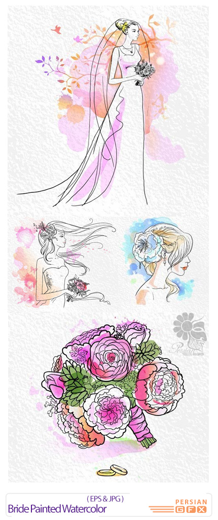 دانلود تصاویر وکتور نقاشی آبرنگی عروس، دسته گل عروس، حلقه - Bride Painted Watercolor