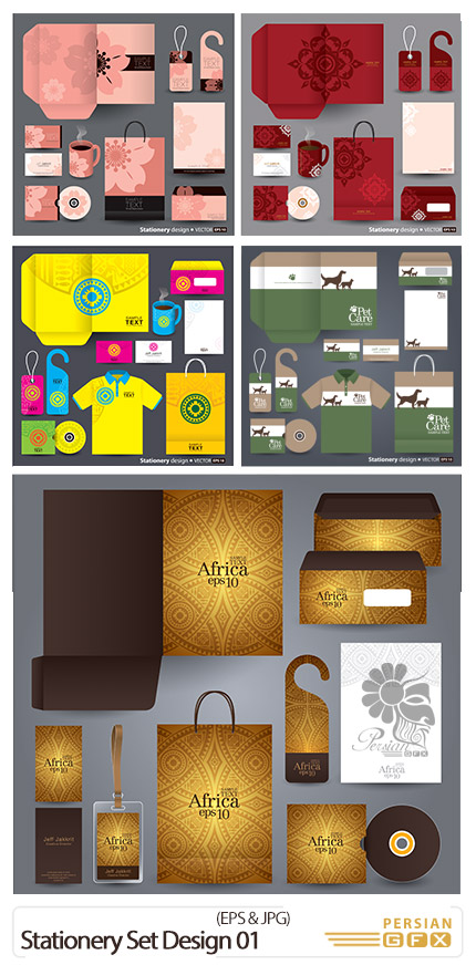دانلود تصاویر وکتور ست اداری، سربرگ، کارت ویزیت، پاکت فانتزی - Stationery Set Design 01