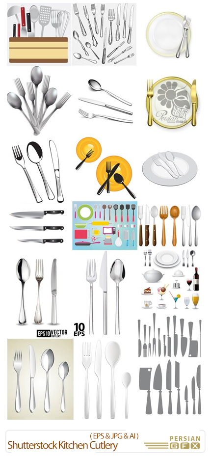 دانلود تصاویر وکتور وسایل آشپزخانه کارد، چنگال، قاشق از شاتر استوک - Shutterstock Kitchen Cutlery