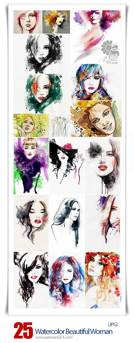 دانلود تصاویر با کیفیت نقاشی پرتره زن - Watercolor Beautiful Woman