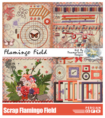 دانلود کلیپ آرت عناصر تزئینی، فریم، گل، تکسچر - Scrap Flamingo Field
