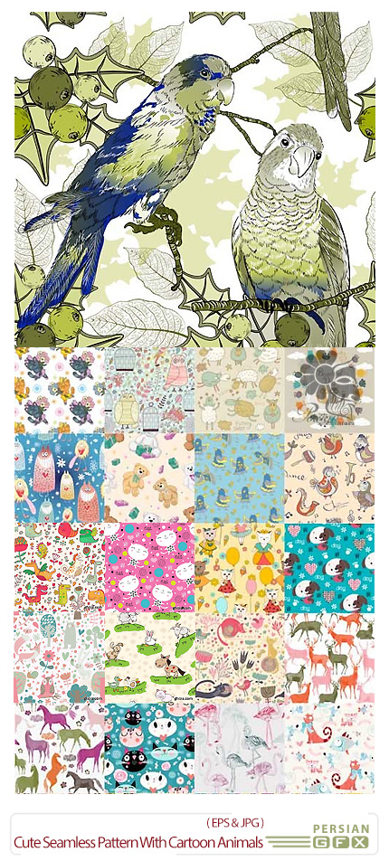 دانلود تصاویر وکتور پترن پس زمینه حیوانات - Cute Seamless Pattern With Cartoon Animals