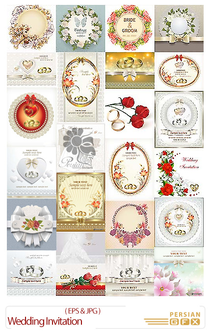 دانلود تصاویر وکتور کارت های تزئینی عروسی - Wedding Invitation With Flowers Hearts And Rings