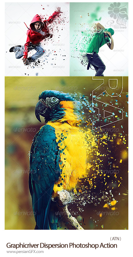 دانلود اکشن ایجاد افکت پراندگی ذرات ریز عکس از گرافیک ریور - Graphicriver Dispersion Photoshop Action