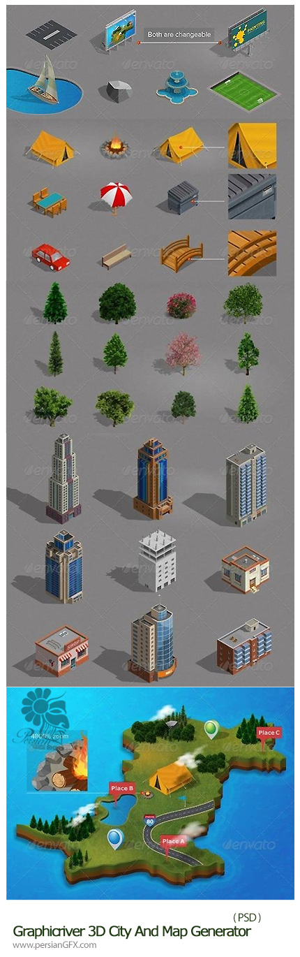 دانلود تصاویر لایه باز سه بعدی شهر، نقشه، درخت، ساختمان و ... از گرافیک ریور - Graphicriver 3D City And Map Generator