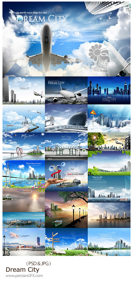 دانلود تصاویر لایه باز شهر رویایی، ساختمان، هواپیما، رودخانه - Dream City