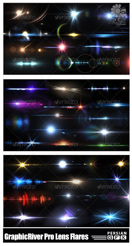 دانلود کلیپ آرت اشعه های نورانی لنز دوربین از گرافیک ریور - GraphicRiver 50 Pro Lens Flares