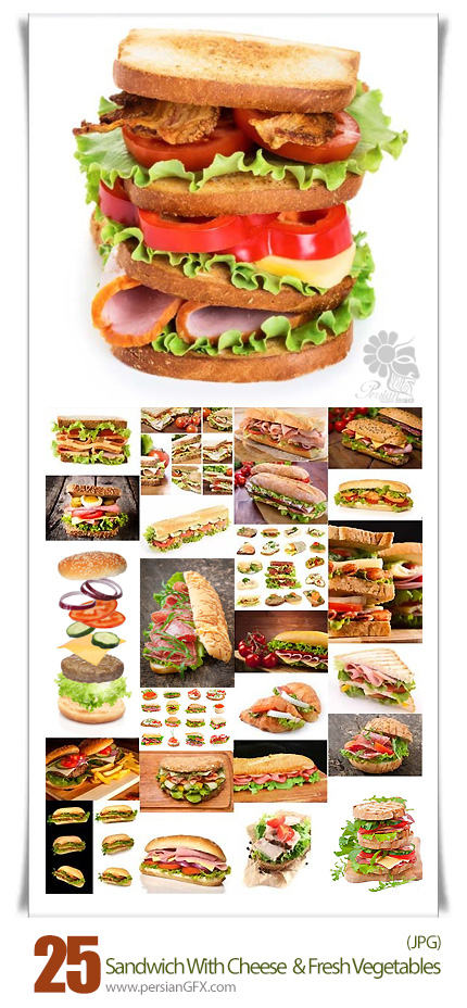 دانلود تصاویر با کیفیت ساندویچ به همراه پنیر و سبزیجات تازه - Sandwich With Ham Cheese And Fresh Vegetables