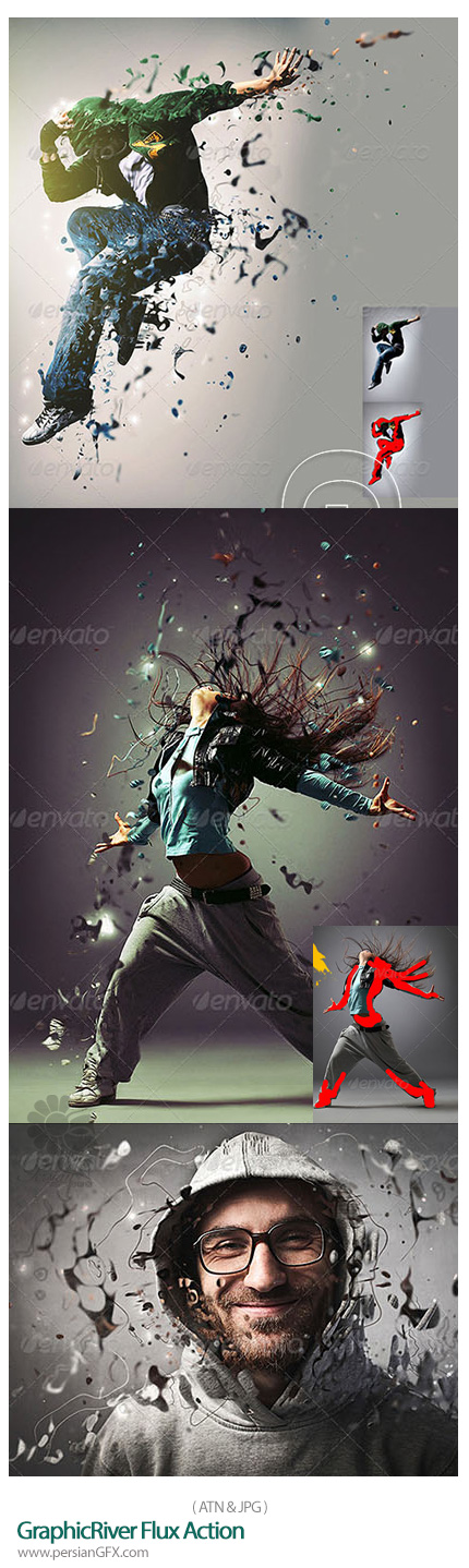 دانلود اکشن فتوشاپ ایجاد افکت تکه تکه شدن تصاویر از گرافیک ریور - Graphicriver - Flux Photoshop Action