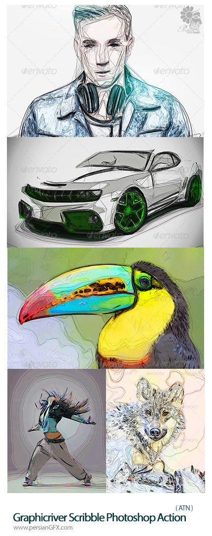 دانلود اکشن فتوشاپ تبدیل تصاویر به نقاشی خطی نامنظم از گرافیک ریور - Graphicriver Scribble Photoshop Action